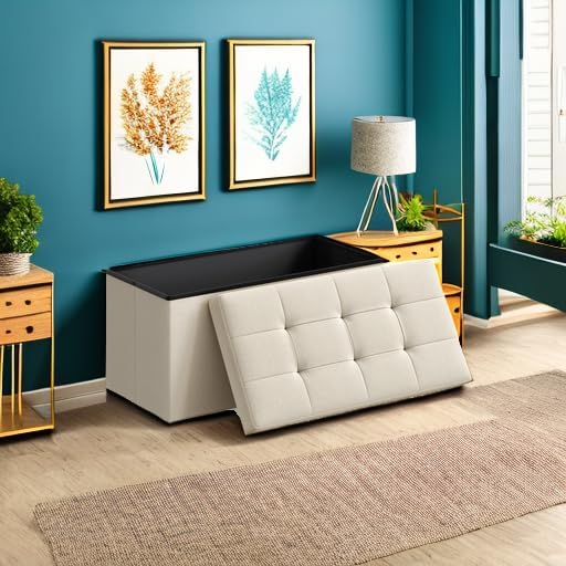SONGMICS MAZIE Collection - 30 Inches Folding Storage Ottoman Bench, Ottoman Foot Rest, End of Bed Bench, Storage Chest, Load 660 lb, for Living Room, Bedroom, Entryway, Cream White ULSF47BE-Ruum Studio Home