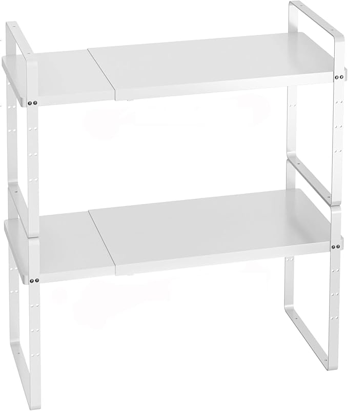 iPEGTOP Expandable Cabinet Storage Shelf Organizer Rack, Heavy Duty Cupboard Stand Spice Rack Adjustable Height Garage Pantry Shelf Space Riser for Counter Kitchen Organization, White, 2 Pack-Ruum Studio Home