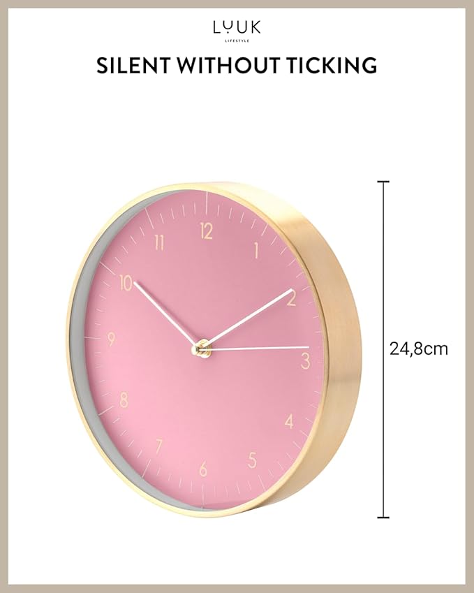 LUUK LIFESTYLE Elegant Wall Clock with Silent Movement, Modern and Minimalist Design, Gift idea for Moving-in, Decoration, in Pink and Gold-Ruum Studio Home