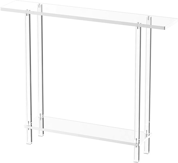 Acrylic Narrow Console Table for Entryway, 7.6" D x 39.4" W x 31.5" H, Square Legs, Skinny Entry Table for Sofa, Foyer, Hallway, Living Room, Modern, 2-Tier, Clear-Ruum Studio Home