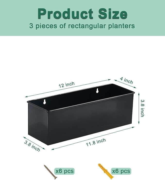 vensovo Metal Wall Hanging Planter Boxes – 12" Rectangle Flower Pots, 3 Pack with Drainage, Durable Galvanized Finish for Indoor Outdoor Balcony Fence Windowsill, Black-Ruum Studio Home