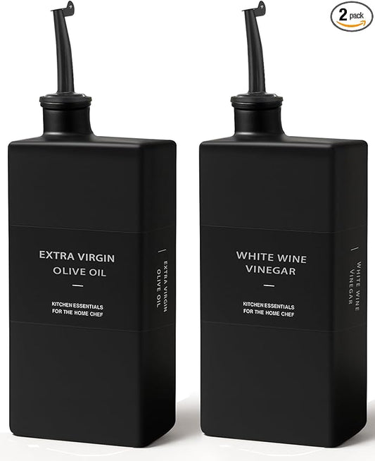 Olive Oil Dispenser Bottle for Kitchen 16.9oz, Glass Oil Bottles and Vinegar Dispenser Set, Decorative Avocado Oil Dispenser Set (Black, Set of 2)