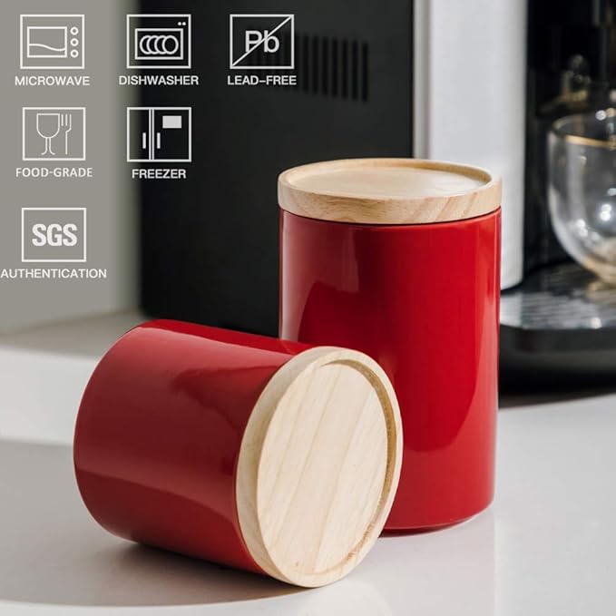 Sweejar Kitchen Canisters Ceramic Food Storage Jar, Stackable Containers with Airtight Seal Wooden Lid for Serving Ground Coffee, Tea, Sugar, Salt and More - 16 Fl Oz (Red)-Ruum Studio Home