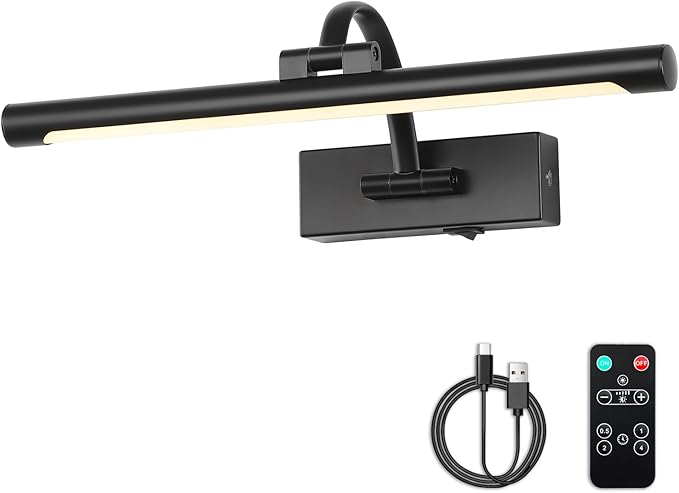 Picture Lights Battery Operated with Remote and Dimmable Function, Rechargeable Gallery Light Black Art Light Wireless Painting Lights 16'' Inch for Display, Portrait, Artwork, Warm White-Ruum Studio Home