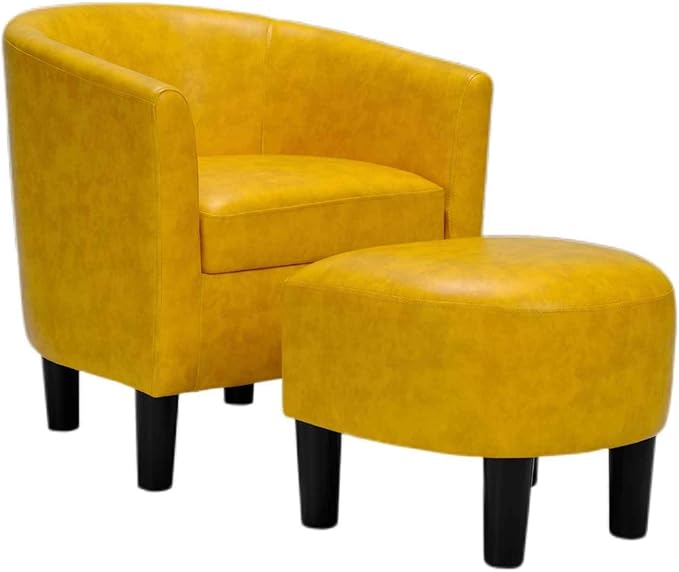 INZOY Modern Accent Chair with Ottoman for Small Space, Club Chair with Ottoman Set, Comfy PU Leather Barrel Reading Chairs for Living Room Bedroom, Round Reading Chair with Foot Rest, Yellow-Ruum Studio Home