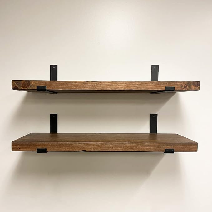 Rustic Shelves with J-Brackets Set of 2, Industrial Shelf, Kitchen Shelves, Solid Wood, Decorative Wall Storage, Heavy Duty, URBANDI (Provincial, 24Wx10D)-Ruum Studio Home