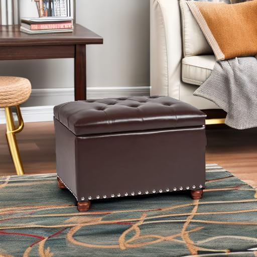 Leather Storage Ottoman Bench Foot Rest Stool with Nailhead Trim (Dark Brown - Button Tufted Leather)-Ruum Studio Home