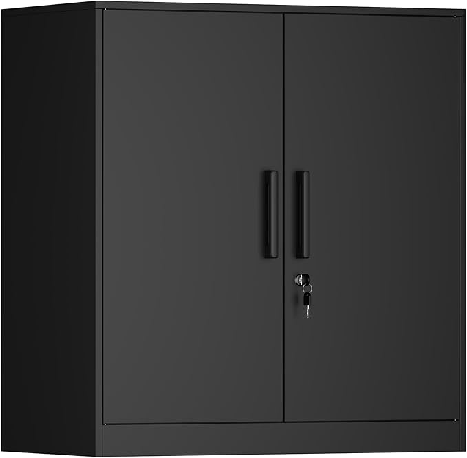 Metal Wall Cabinet,Garage Wall Cabinetwith Handle,Lockable Storage Cabinets Wall Mounted with 2 Doors,Locking Cabinet with Shelves for Basement,Living Home,Black-Ruum Studio Home