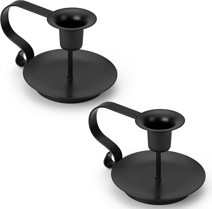 Black Metal Taper Candle Holders Set of 2, Vintage Chamberstick Candle Holder with Handle for Taper Candles, Farmhouse Rustic Candle Holders for Table Decor, Halloween Christmas Decoration-Ruum Studio Home