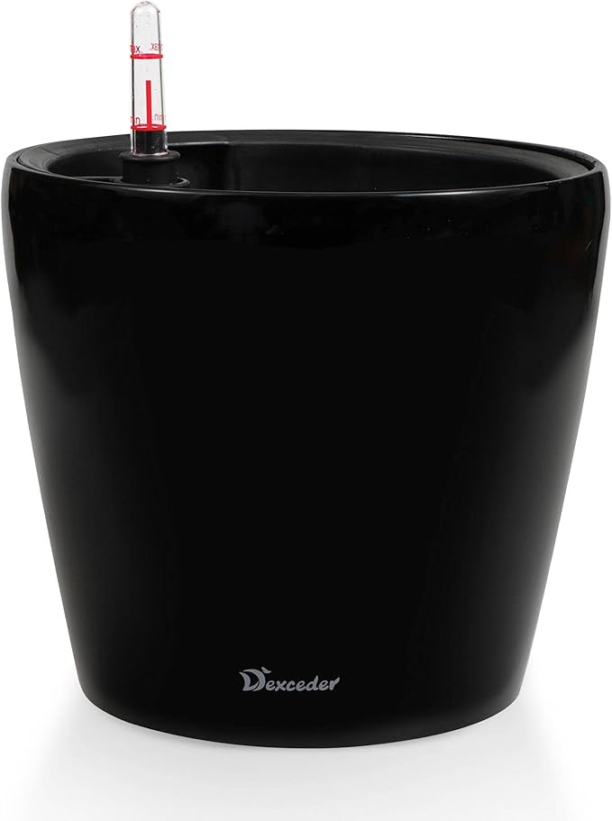 Dexceder 9x8 Inches High Gloss Self Watering Planter Indoor Outdoor, Inner Pot Design, Thickened Table Flower Plant Pot with Water Level Indicator (Black)-Ruum Studio Home