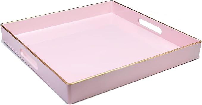 Spsyrine Pink Decorative Serving Tray with Handles, 13" X 13" Square Plastic Coffee Table Tray for Ottoman, Living Room, Bathroom, Home Decor.-Ruum Studio Home
