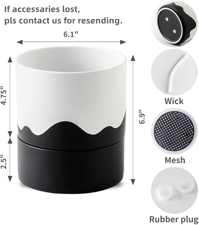 Nihow Self Watering Plant Pot: 6 Inch Ceramic Planter with Drainage Hole & Water Storage Plus for Indoor & Outdoor Plants - Cylinder Round Flower Pot for Succulent/Herbs/Violets - White & Wave Black-Ruum Studio Home