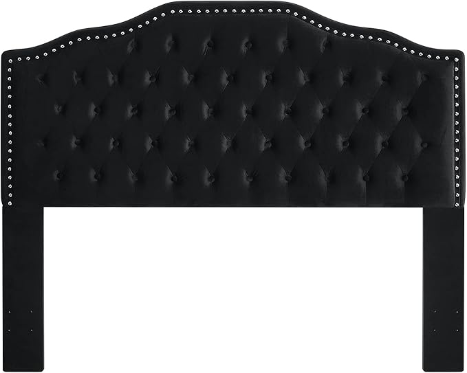 24KF Upholstered Button Tufted Queen Size Full Size Headboard with Nailhead Trim, Soft Velvet Fabric Headboard Queen/Full Size Headboad-Black-Ruum Studio Home