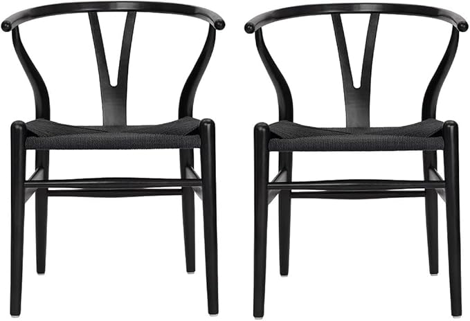 Tomile Set of 2 Bone Chair Solid Wood Y Chair Mid-Century Armrest Dining Chair, Hemp Seat (Wood - Black)-Ruum Studio Home