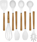 Country Kitchen Non Stick Silicone Utensil Set with Rounded Wood Handles for Cooking and Baking, 8 Piece Set, White-Ruum Studio Home