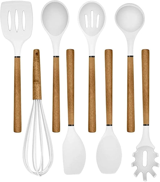 Country Kitchen Non Stick Silicone Utensil Set with Rounded Wood Handles for Cooking and Baking, 8 Piece Set, White-Ruum Studio Home