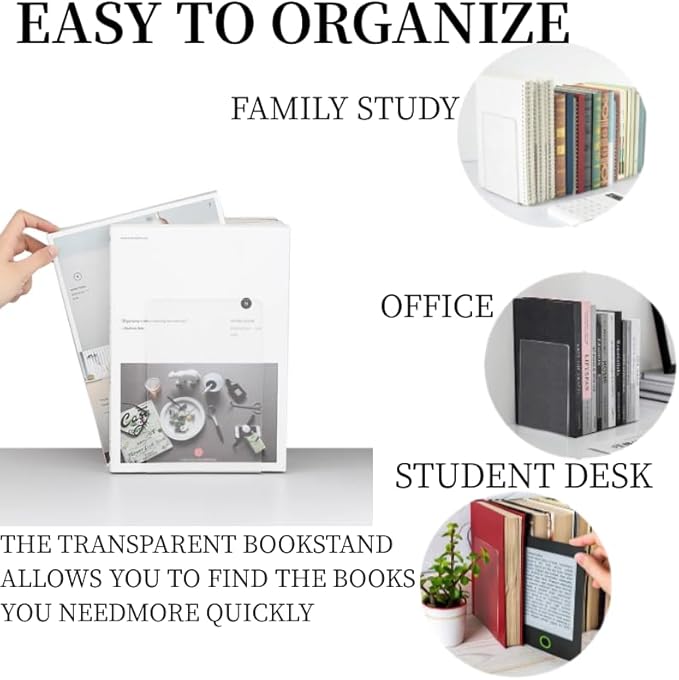 Lulonpon 8 Pieces Book Ends, Bookends, Books Stand, Books Stoppper, Clear Bookend for Shelves, Acrylic Book Ends for School, Library, Desktop Organizer ﻿-Ruum Studio Home