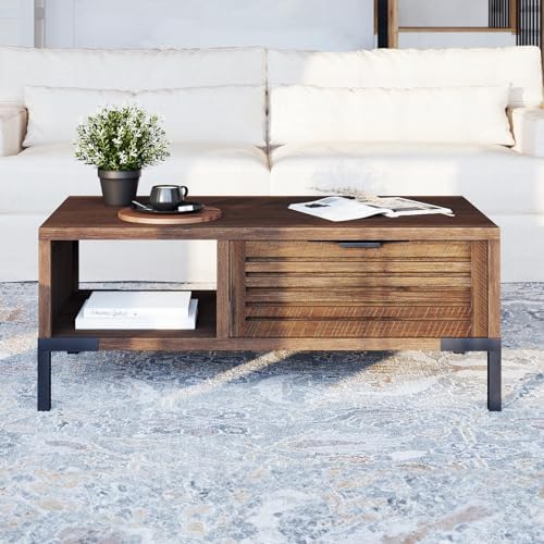 Bme Millie Coffee Tables for Living Room - Industrial Rustic - Two Drawers - Open Shelf - Rustic Scuffed Texture - Convenient Metal Handle and Sturdy Legs with Levelers - Easy Assembly - Chestnut-Ruum Studio Home