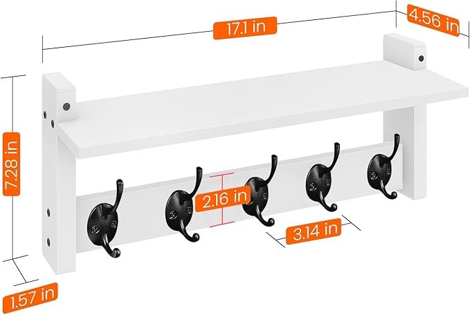 Homode Wall Shelf with Hooks, Coat Rack Wall Mount with Pegs, Hanging Entryway Coat Hanger, Wood and Iron Shelf for Bathroom, Hallway, Bedroom, White-Ruum Studio Home