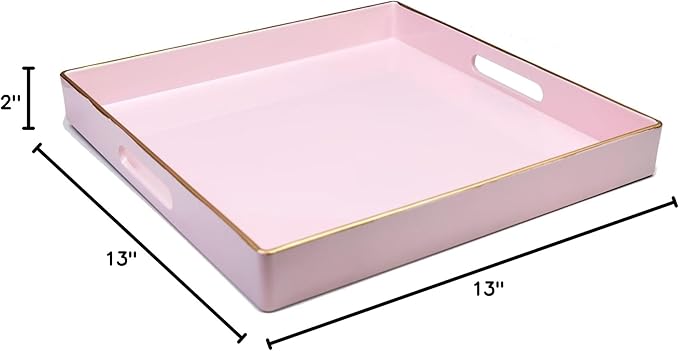 Spsyrine Pink Decorative Serving Tray with Handles, 13" X 13" Square Plastic Coffee Table Tray for Ottoman, Living Room, Bathroom, Home Decor.-Ruum Studio Home
