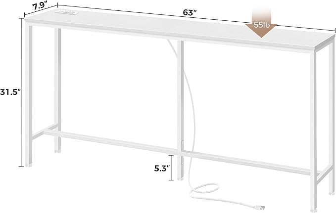 SUPERJARE Console Table with Outlet, 63 Inch Sofa Table with Charging Station, Narrow Entryway Table, Skinny Hallway Table, Behind Couch Table, for Living Room, Plants, White-Ruum Studio Home