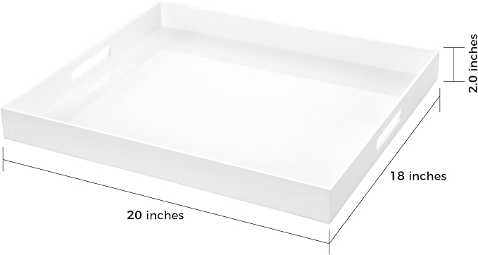 White Rectangular 18x20 Inches Acrylic Ottoman Tray Decorative Serving Tray with Cutout Handles Organizer Tray on Coffee Table Countertop Big Breakfast Bed Tray Living Room Appetizer Serving Food-Ruum Studio Home