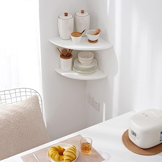 Corner Shelf, Solid Oak Wood Floating Corner Shelf Wall Mount Round End Floating Speaker with Wire Hole for Small Plant Photo for Bedroom Kitchen, Living Room White-Ruum Studio Home