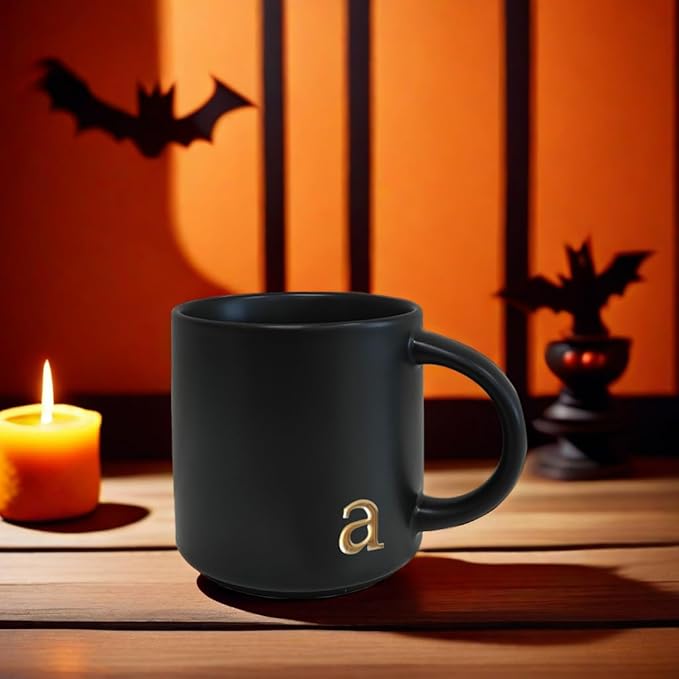 COLLECTIVE HOME - Black Monogram Ceramic Mugs, 15 oz Golden Initial Coffee Cups, Elegant Alphabet Tea Mugs, Personalized Halloween Mug with Gift Box, Perfect for Office and Home Décor (a)-Ruum Studio Home
