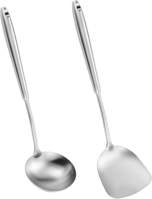 14-15" Wok Spatula and Ladle,2 PCS Wok Tools Set,304 Stainlss Steel Cooking Utensils,Matte Wok Accessories,Solid Wok Utensils-Ruum Studio Home