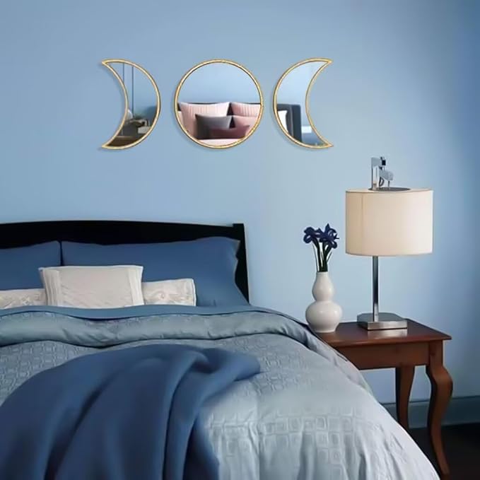 5 pcs Scandinavian Natural Decor Acrylic Moonphase Mirrors Interior Design Moon Phase Mirror Bohemian Wall Decoration for Home Living Room Bedroom Decor - No Need to Punch (Gold)-Ruum Studio Home