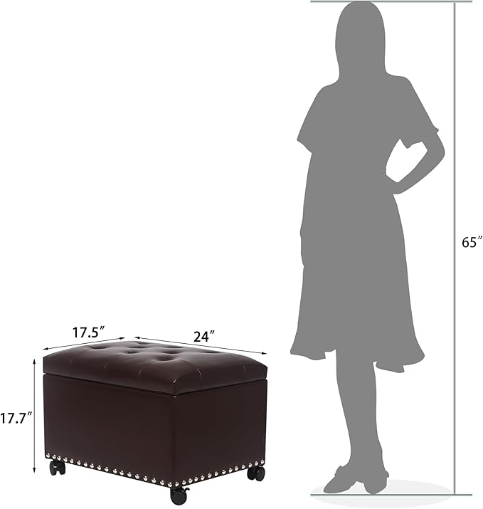 Leather Storage Ottoman Bench with Steerable Rolling Wheels, Rectangle 24 Inch Foot Rest Ottomans Stool for Living Room Bedroom (Vintage Brown)-Ruum Studio Home