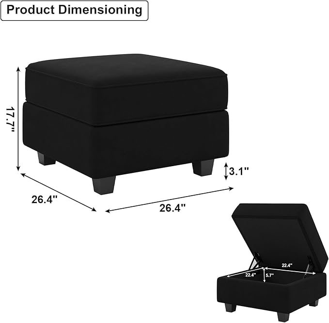 Belffin Storage Ottoman Module for Modular Sectional Sofa Square Seat Cube Velvet Foot Stool Black-Ruum Studio Home