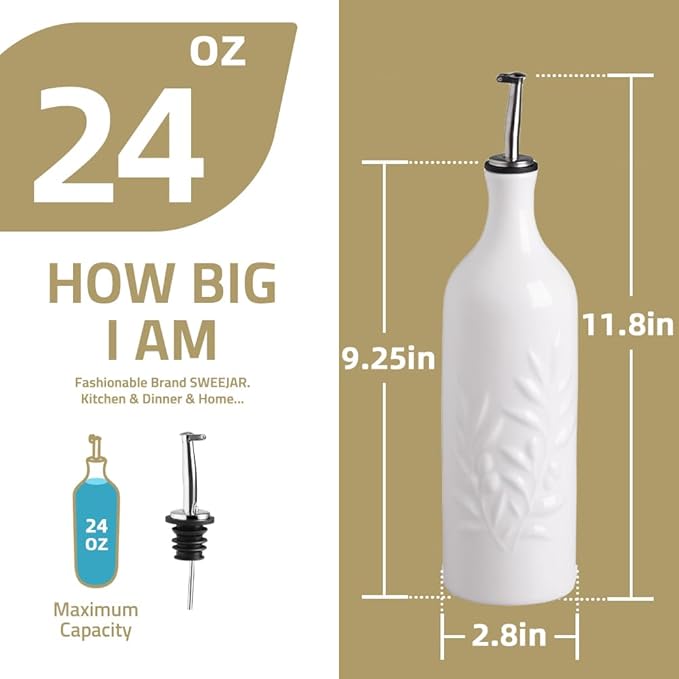 Sweejar Large Ceramic Olive Oil Dispenser Bottle, 24 Oz Relief Opaque Oil Cruet Protects Oil To Reduce Oxidation, Storage Vinegar, Soy Sauce, Coffee Syrup, Liquids, Set of 1 (Beige)-Ruum Studio Home