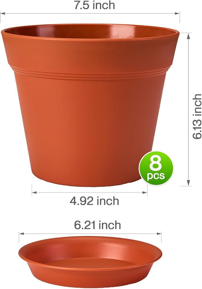 homenote Plant Pots,7.5 Inch Flower Pots for Plants Plastic Planters for Indoor with Multiple Drainage Holes and Trays, for All Home Garden Flowers Succulents,Outdoor(Terra Cotta,8 Pack)-Ruum Studio Home