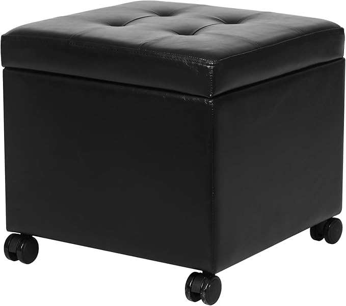 Adeco 17.7" Leather Ottoman with Wheels, Black Square Rolling Ottoman with Storage, Upholstered Button Tufted Vanity Stool with Hinged Lid for Living Room, Bedroom, Dorm-Ruum Studio Home