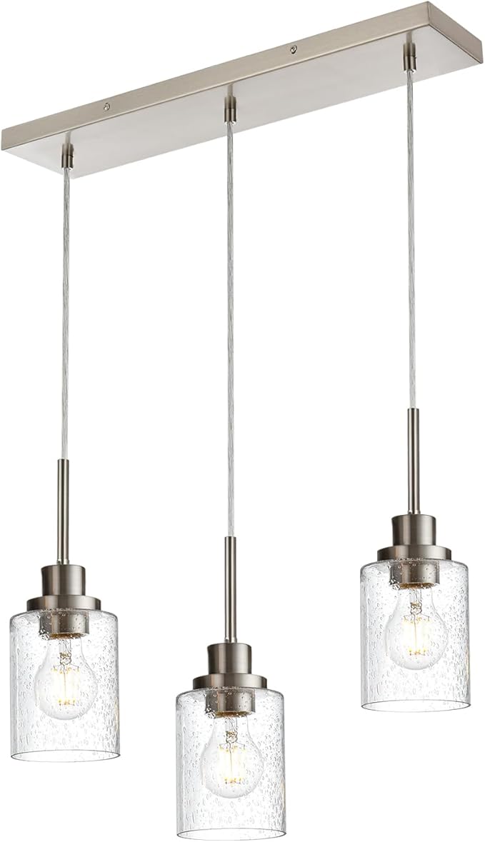 3-Light Farmhouse Chandelier Light Fixture Brushed Nickel Clear Seeded Glass Dining Room Hanging Modern Pendant Lighting Over Table,Traditional Ceiling Lights for Kitchen Island Entryway-Ruum Studio Home