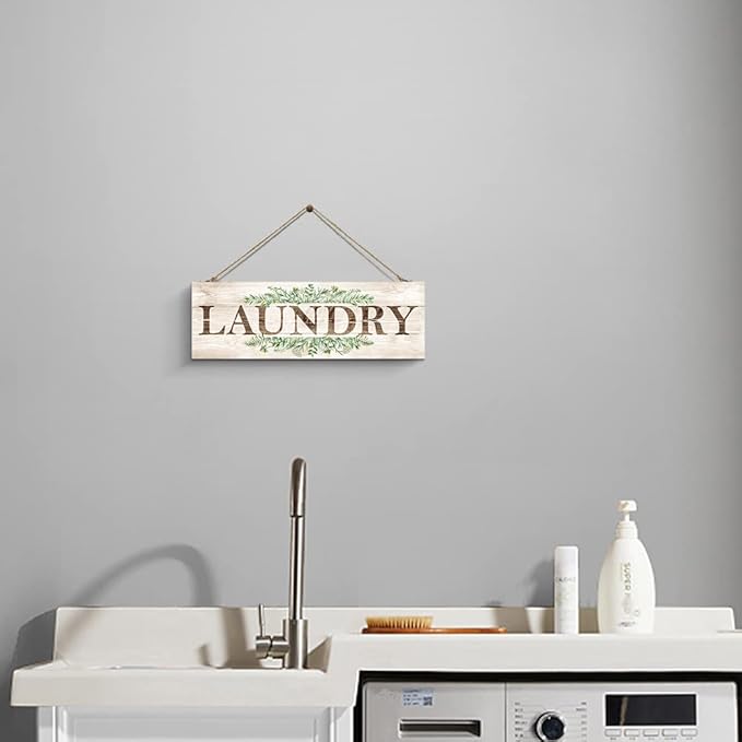 Laundry Sign Wall Decor, Kitchen Wall Art with Plant Print, Rustic Farmhouse Wall Hanging Plaque Home Kitchen Decorative (Laundry), 4.7 x 13.7 inches-Ruum Studio Home