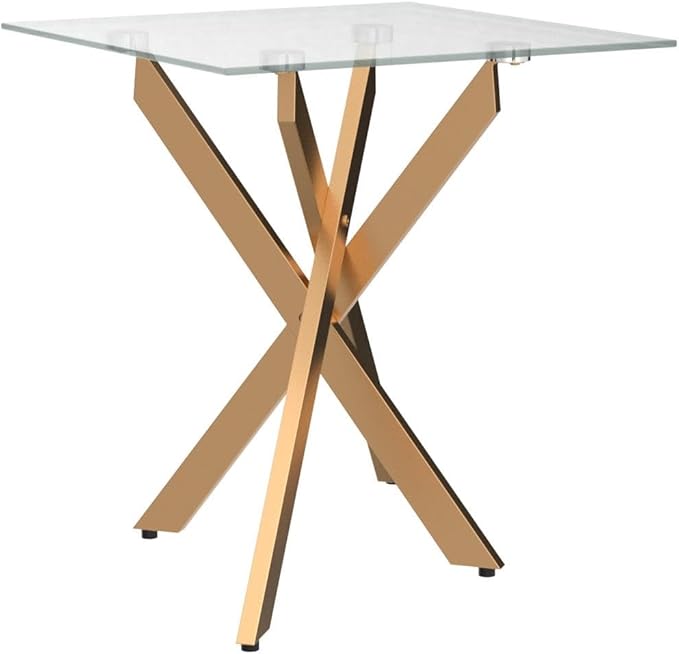 Modern Style Square Side Table with Tempered Glass Top and Metal Tubular Legs, Gold 20”Dx20”Wx22”H-Ruum Studio Home