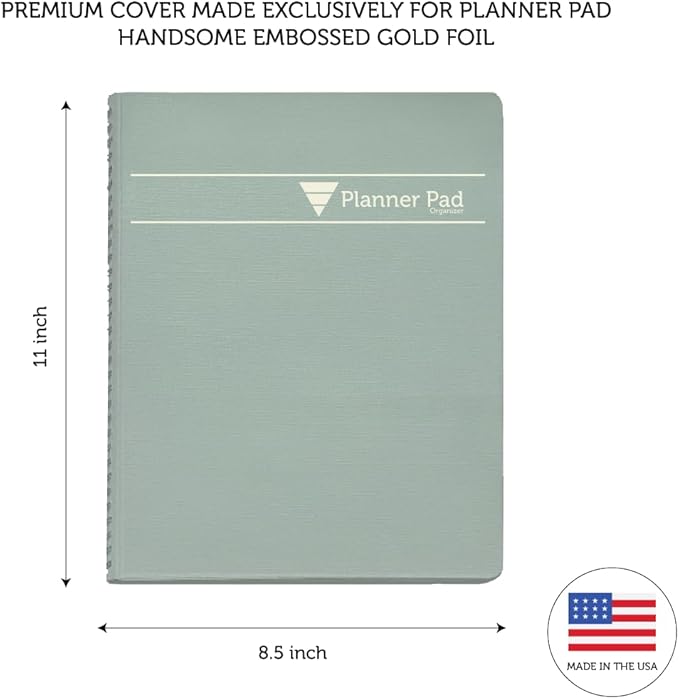 Planner Pad Spiral Bound January-December 2026/ Calender Year 8 1/2" x 11" Large 3-Tier Funnel Down 12 Month Organizer, Greenish Grey Cover/Soft Green Ink-Ruum Studio Home