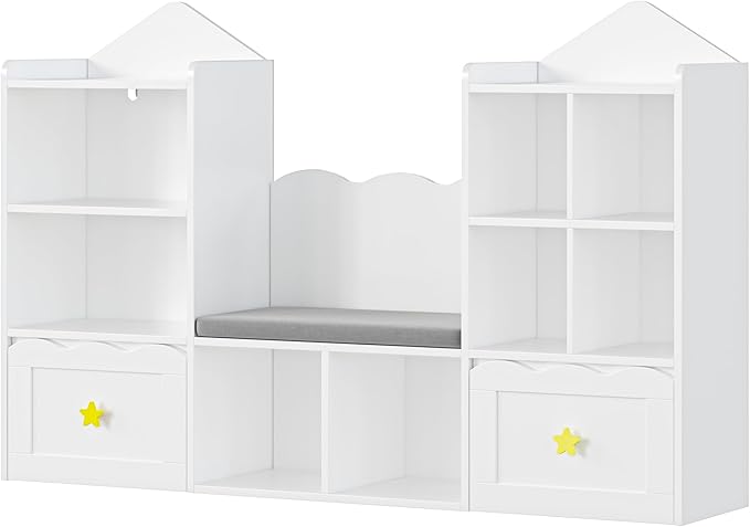 Kids Bookshelf with Reading Nook, Kids Bookcase with Soft Cushion Seat, 2 Wheels Drawers and 8 Storage Cubbies, Toy Storage Organizer for Kid's Room Playroom, Bedroom, School, White-Ruum Studio Home