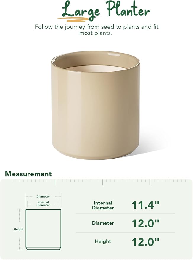 LE TAUCI 12 Inch Pots for Plants, Ceramic Large Plant Pot for Indoor Plants, Mid-Century Modern Flower Planter Pots with Drainage Hole and Removable Plug, Round Planter Pot, Reactive Glaze Cloud Cream-Ruum Studio Home