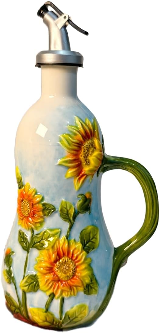 18 Oz Hand Painted Relief Ceramic Olive Oil Bottle Dispenser for Kitchen, Oil and Vinegar Bottle, Seasoning Bottle with Stainless Steel Nozzle, 540mL Oil Container with Handle for Cooking, Light Proof-Ruum Studio Home