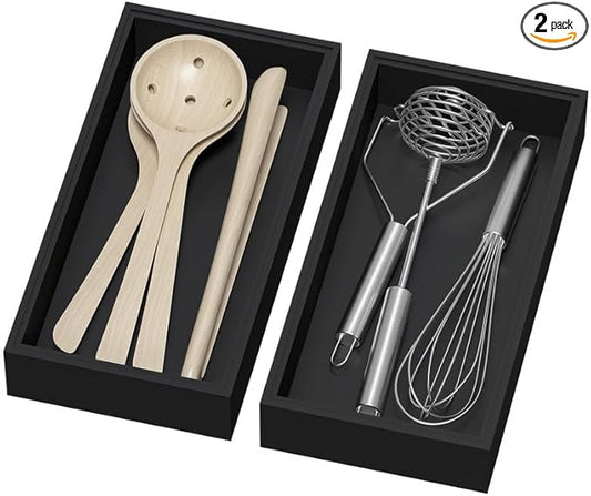Bamboo Drawer Organizer, Cutlery Silverware Organizer for Kitchen Drawer, Stackable Utensil Organizer, 2 Pcs Flatware Organizer, Wooden Storage Box Tray (Black, 12 X 6 X 2 Inch)-Ruum Studio Home