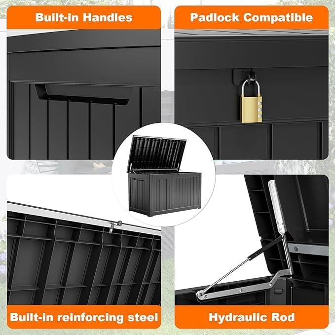 230 Gallon Resin Deck Box, Lockable Patio Outdoor Storage Box for Furniture, Garden Tools and Tools Storage, Waterproof Outside Storage Boxes - Black-Ruum Studio Home
