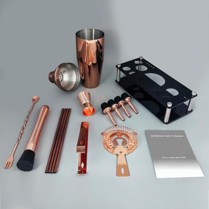 14-Piece Cocktail Shaker Set Bartender Kit with Black Stand, Bar Tool Set for Drink Mixing Bartending Kit Bar Sets Accessories: 750ml(25oz) Shaker, Jigger, Muddler, Cocktail Recipes (Rose Gold)-Ruum Studio Home
