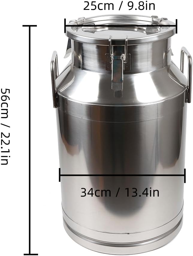 Stainless Steel Milk Can, 40L/10.6 Gallon Heavy Duty Airtight Storage Canister Milk Bucket with Lid, Embedded Silicone Milk Jug Wine Pail Water Cereals Bucket with Three Latches and Two Handles