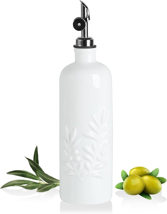 Sweejar 18 Oz Oil Dispenser for Kitchen with Gravity Spout, Ceramic Olive Oil Dispenser Bottle, Relief Opaque Vinegar Container for Evoo, Vinegar, Soy Sauce, Pack of 1(White, Silver Spout)-Ruum Studio Home