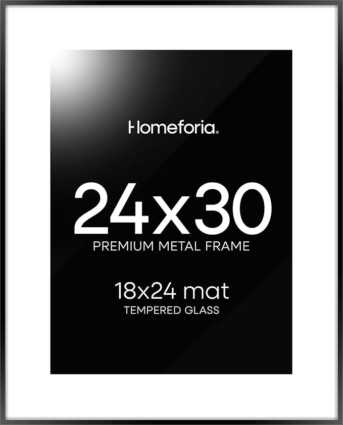 Homeforia 24x30 Poster Frame Black, High End Metal 24 x 30 Picture Frames with Mat 18 by 24 inches Photo, 24x30 Black Frame Matted to 18x24 Print, 30x24 Large Frame, Tempered Glass, Wall Kit, Set of 1-Ruum Studio Home