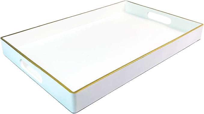 Large White Rectangular Decorative Tray – Plastic Serving Tray with Handles for Coffee Table, Ottoman, Living Room, 15.7” x 11.8” x 1.6-Ruum Studio Home