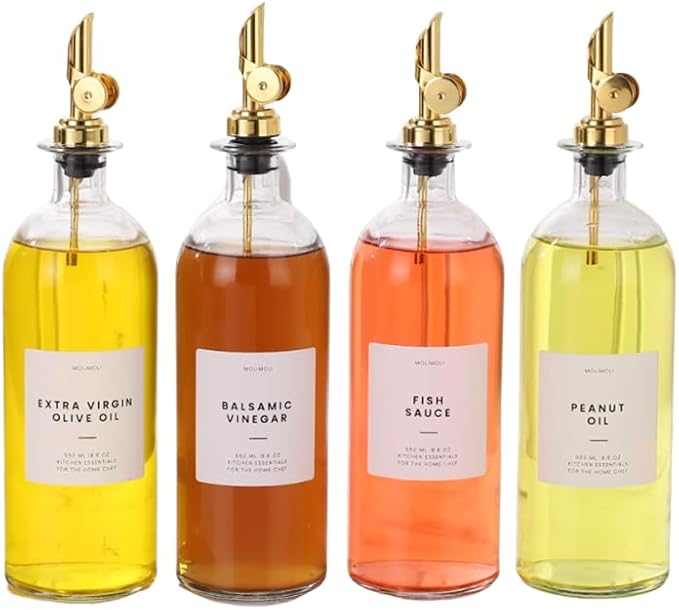Molimoli Oil and Vinegar Dispenser with Metal Pour Spout, Weighted Pourer, Glass Bottle Dispenser for Kitchen, Olive Oil Cruet, Glass Olive Oil Bottle | 500ml, Set of 4-Ruum Studio Home